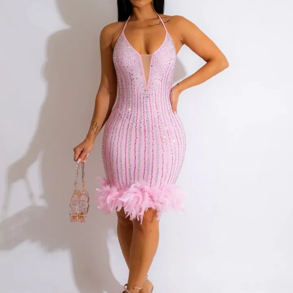 Pink Rhinestone Feather Party Dress